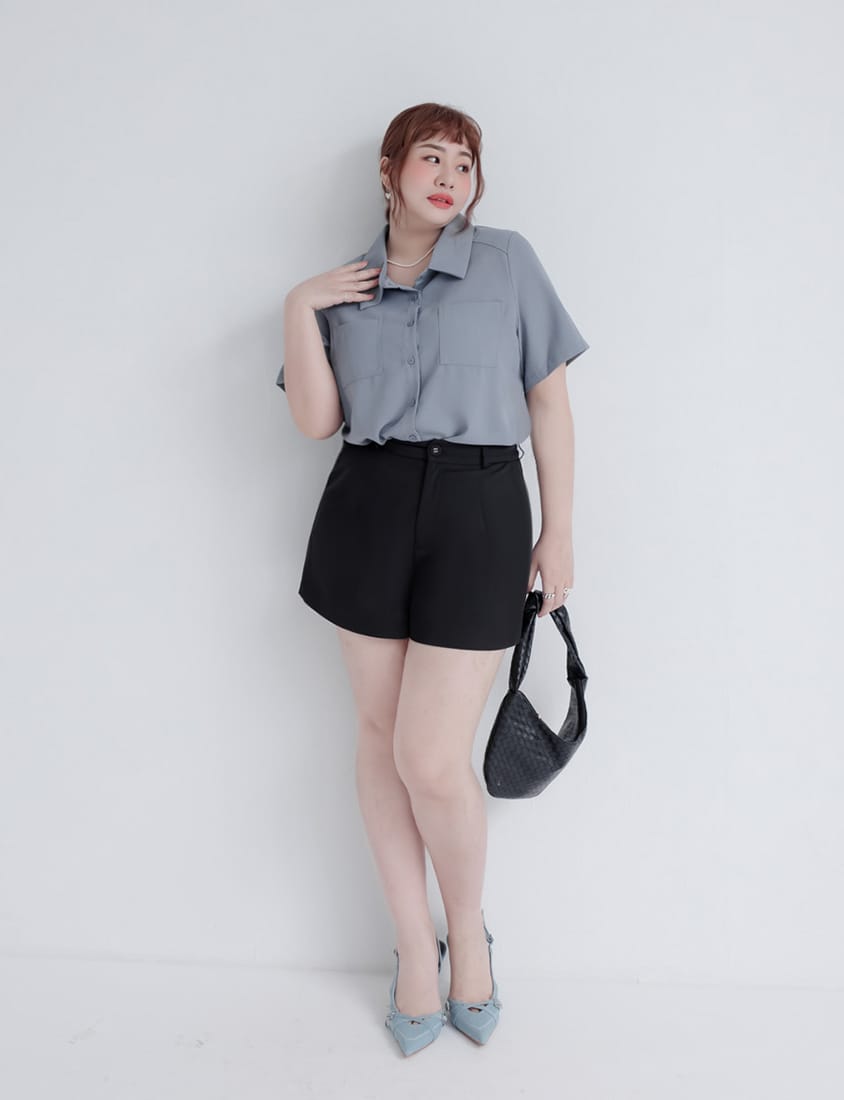 MISS. Drop Shoulder Stitching Double Pocket Plus Size Short Sleeve Shirt