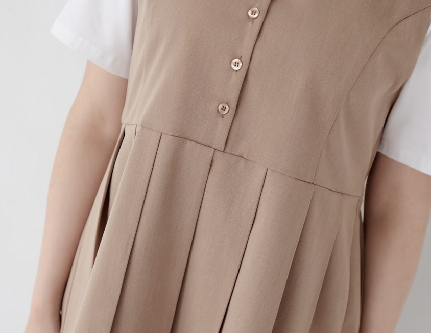 Square Neck Button Pleated Plus Size Mini Dress