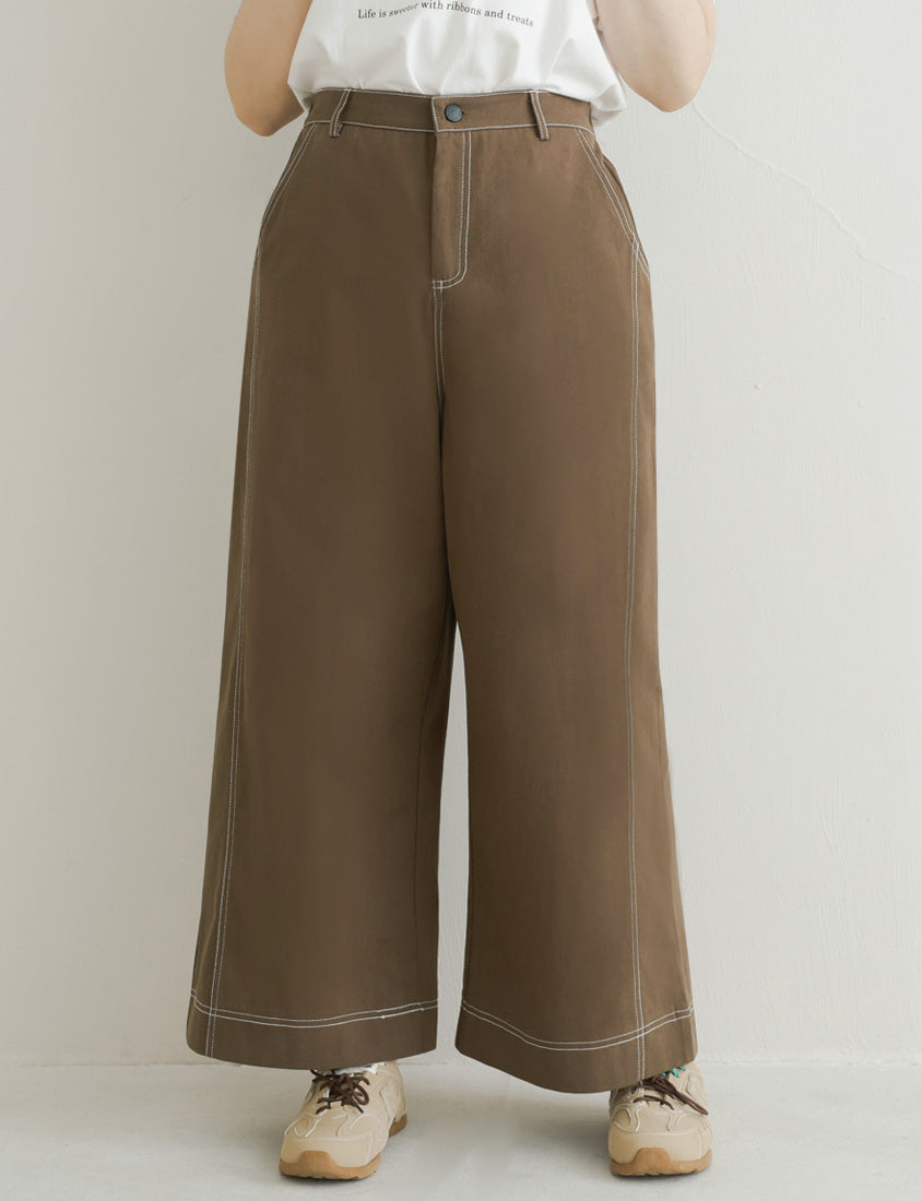 Color-Block Stitched Twill Cotton Straight-Leg Plus Size Pants