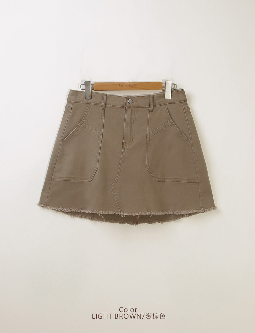 Pocket Twill Cotton Frayed Hem Plus Size Mini Skirt (With Inner Shorts)