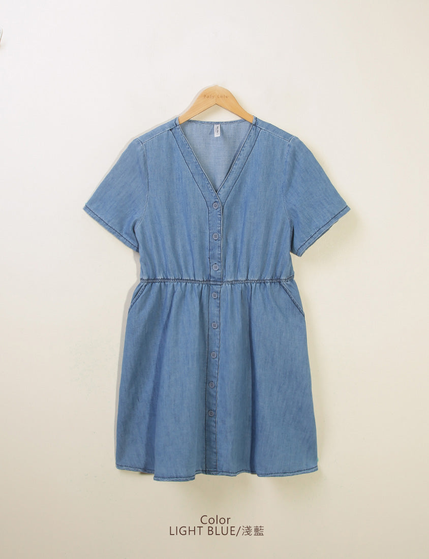 V-Neck Lightweight Denim Elastic Waist Button Plus Size Mini Dress