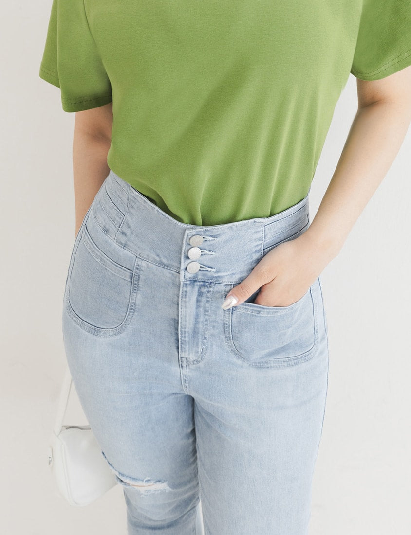 Cooling Tech Corset Waist Plus Size Distressed Jeans