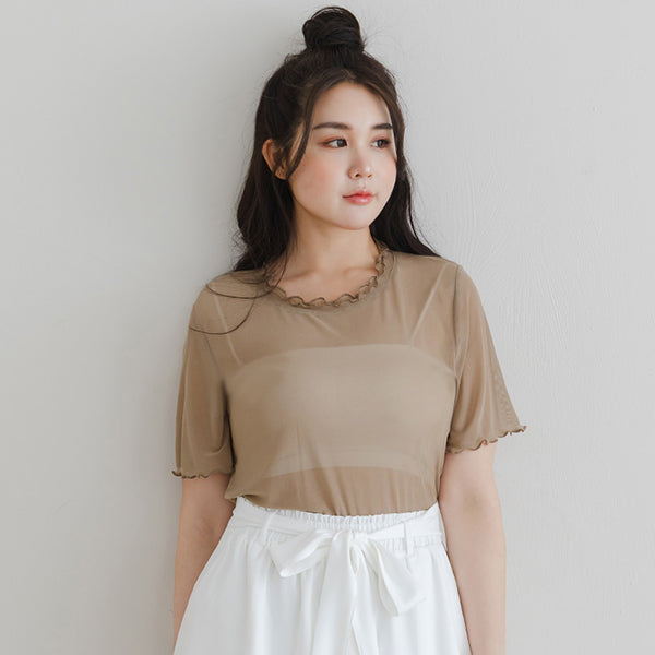 Double Layered Ruffle Sheer Stretch Plus Size Top