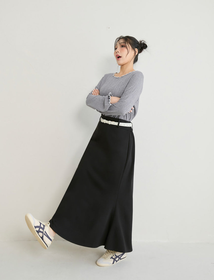 Contrast Lettuce-Edge Jacquard Plus Size Long Sleeve Top