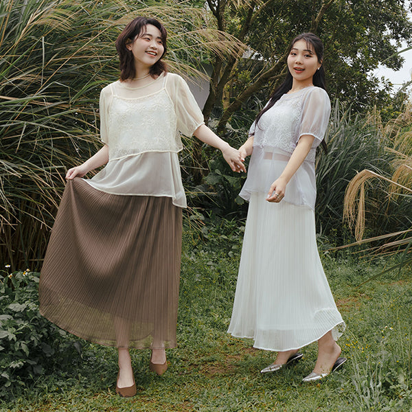MISS. Ethereal Sheer Pleated Elastic Plus Size Maxi Skirt