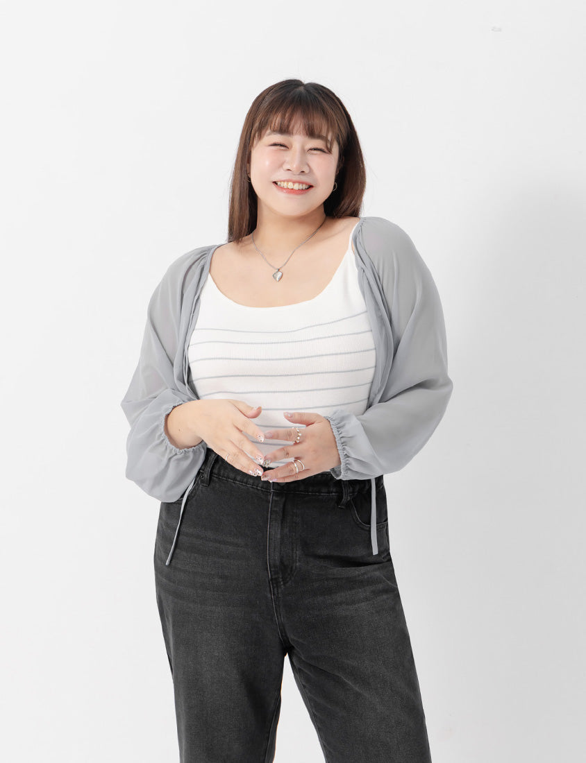 Japanese Style Puff Sleeve Tie Sheer Cropped Plus Size Cover-Up