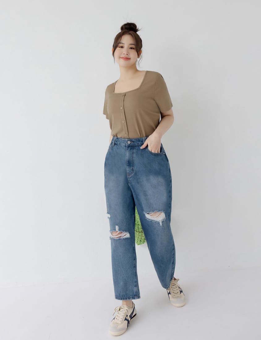 Distressed Side Elastic Waist Plus Size Boyfriend Jeans