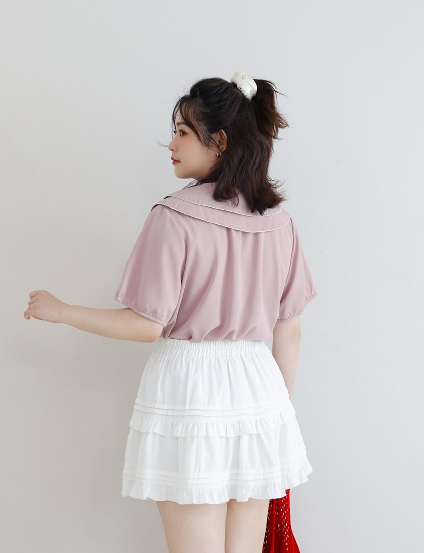 Double Layer Collar Tie Puff Sleeve Plus Size Blouse