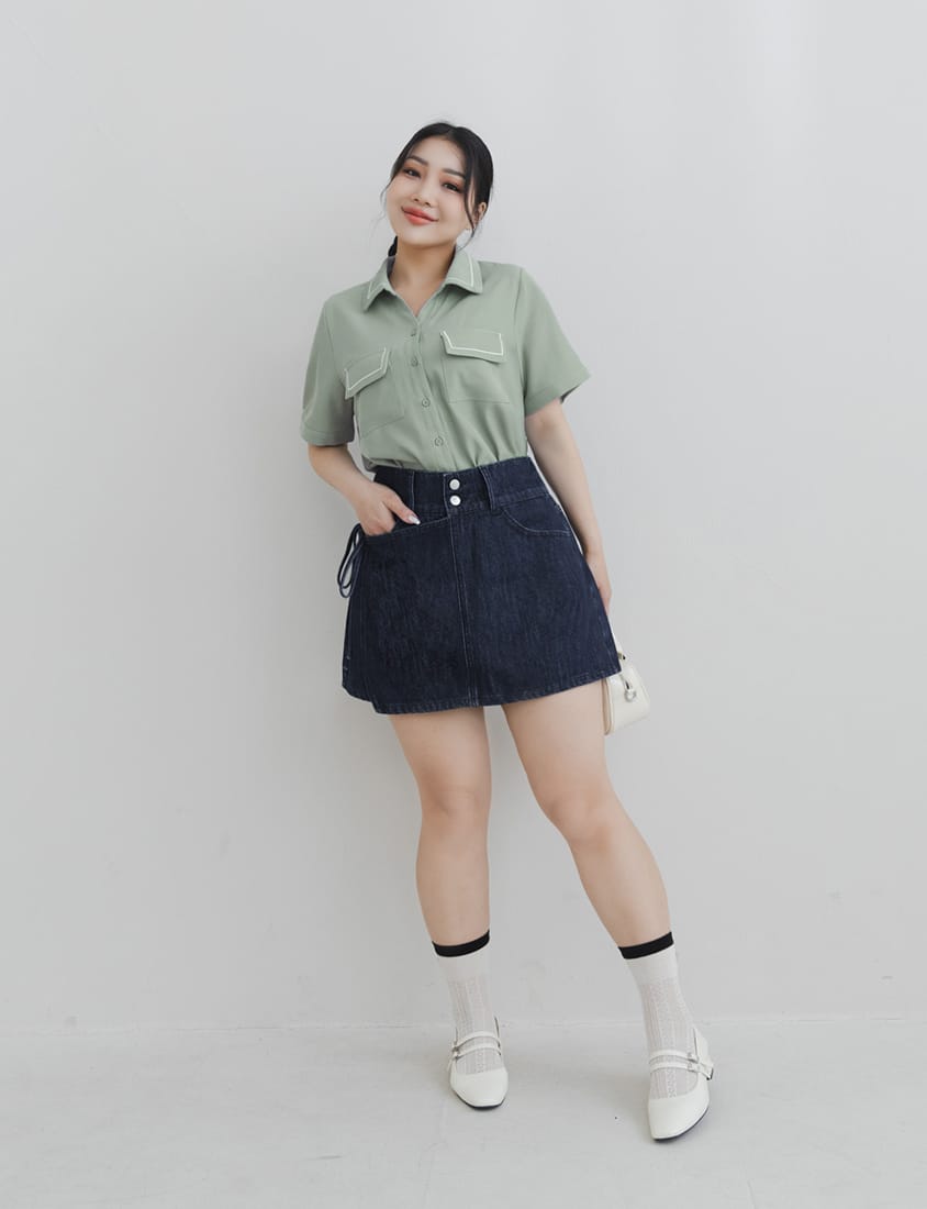 Color-Block Embroidered Pocket Plus-Size Short Sleeve Shirt