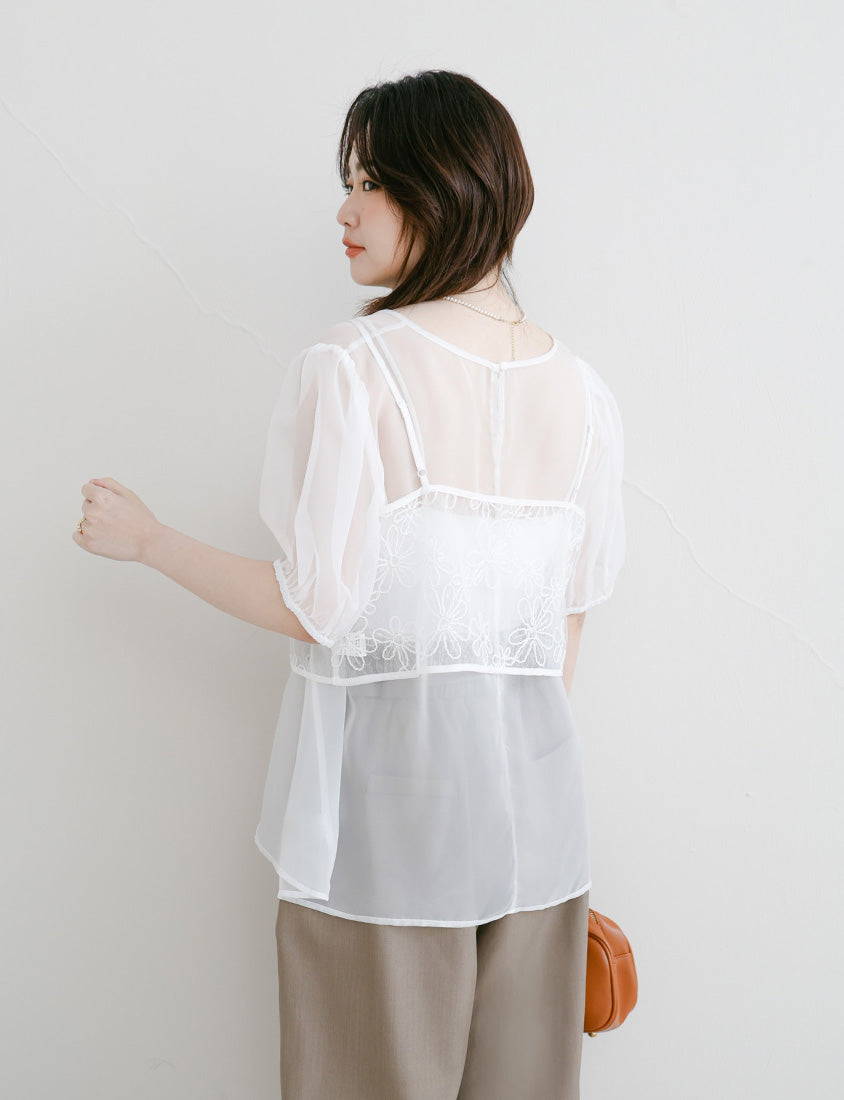 MISS. Sheer Textured Round Neck Puff-Sleeve Plus Size Blouse