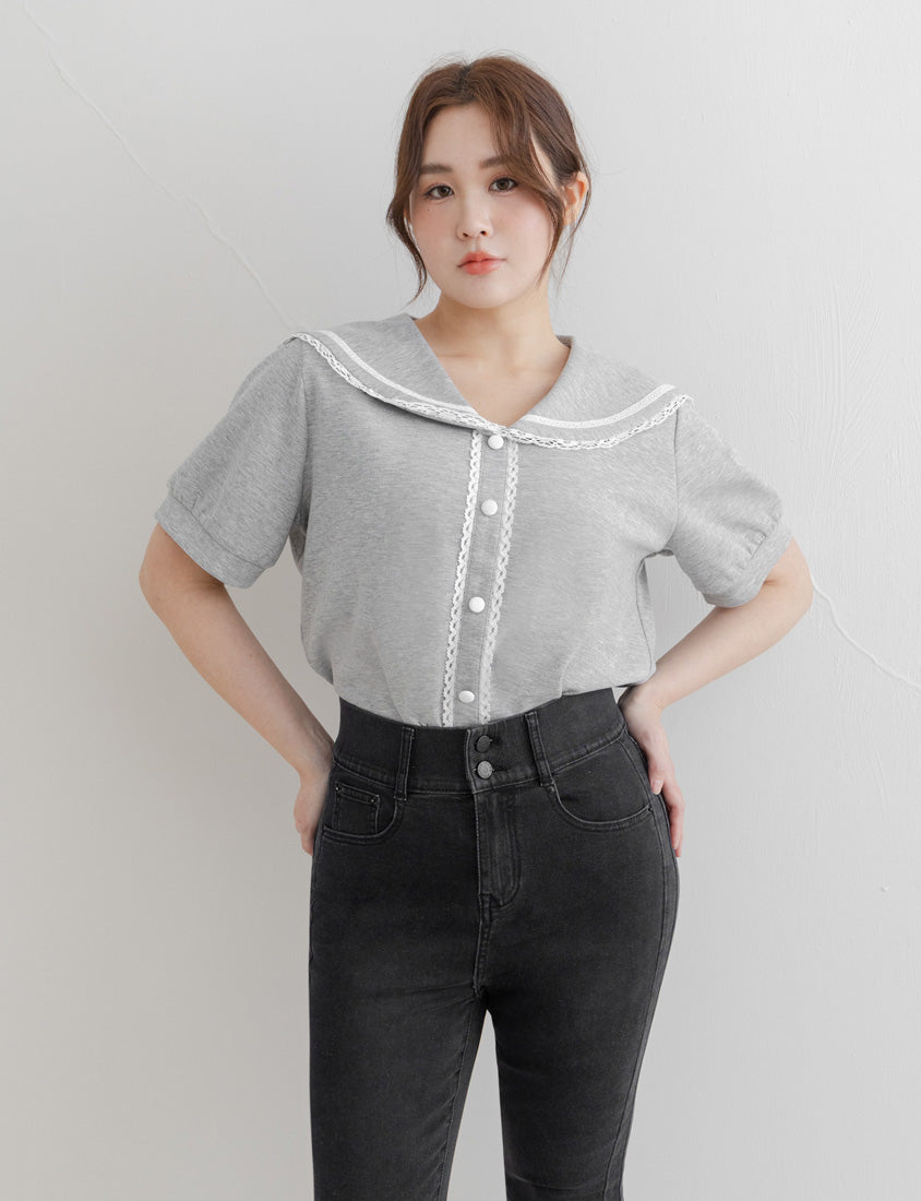 Space Cotton Sailor Collar Plus Size Lace Top