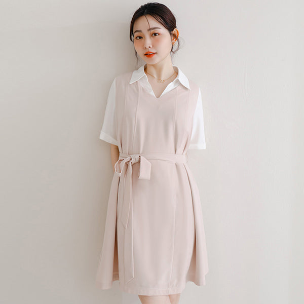 MISS. Faux Two-Piece Color-Block Stitching Plus Size Mini Dress (With Belt)