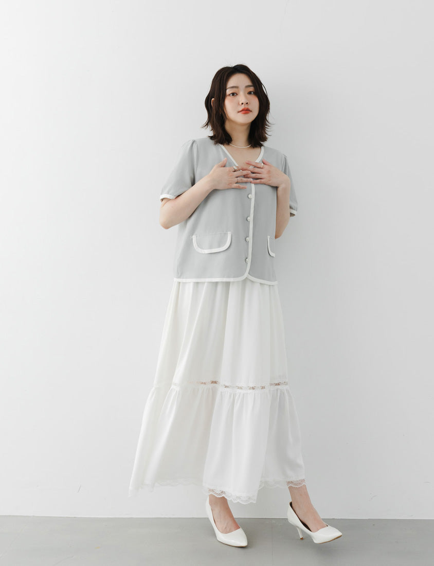 MISS. Elegant Contrast Trim Pearl Button Plus Size Top
