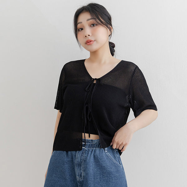 Front Tie Sheer Hollow Plus Size Knit Cardigan