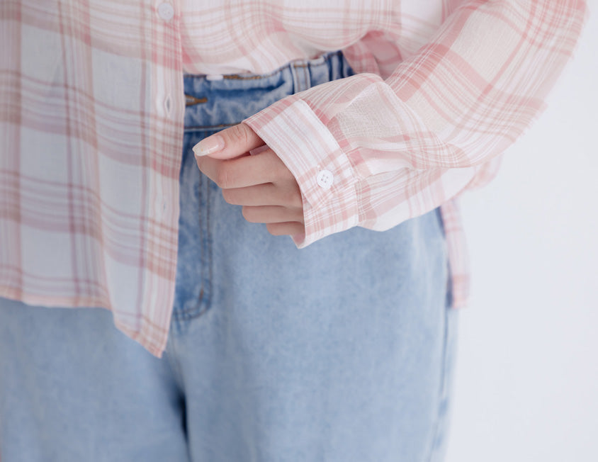 Crinkled Texture Sheer Plaid Plus Size Long Sleeve Shirt