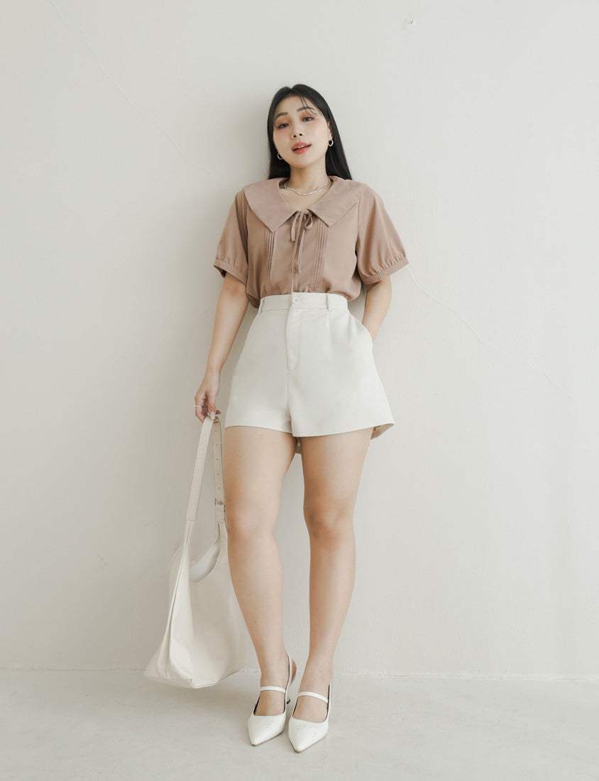 MISS. Sweet Pleated Lapel Collar Plus Size Puff Sleeve Blouse