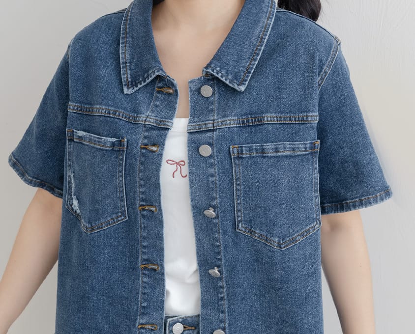 Versatile Pocket Distressed Plus Size Denim Jacket