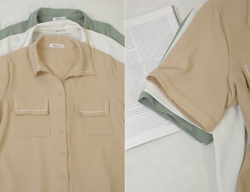 Color-Block Embroidered Pocket Plus-Size Short Sleeve Shirt