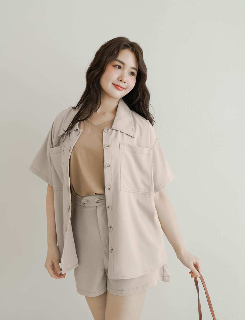 Color-Block Stitching Waistband Twill Plus Size Shorts