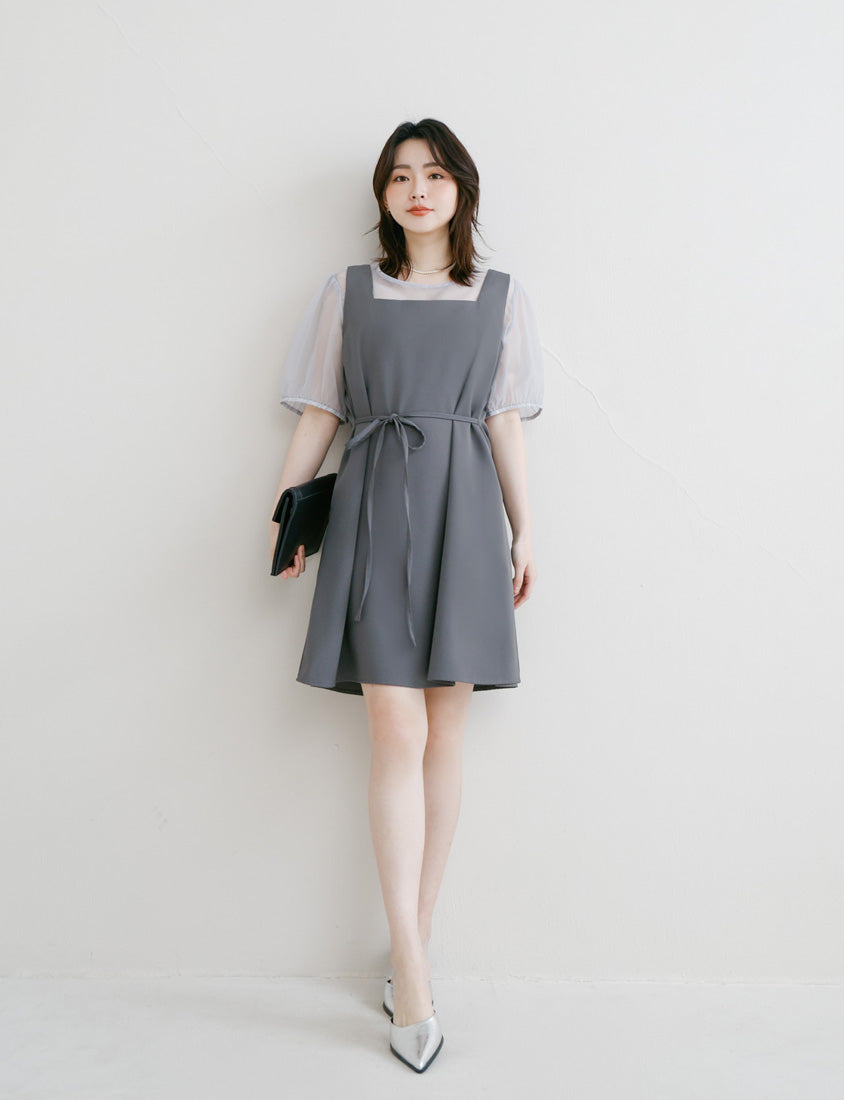 MISS. Sheer Textured Round Neck Puff-Sleeve Plus Size Blouse