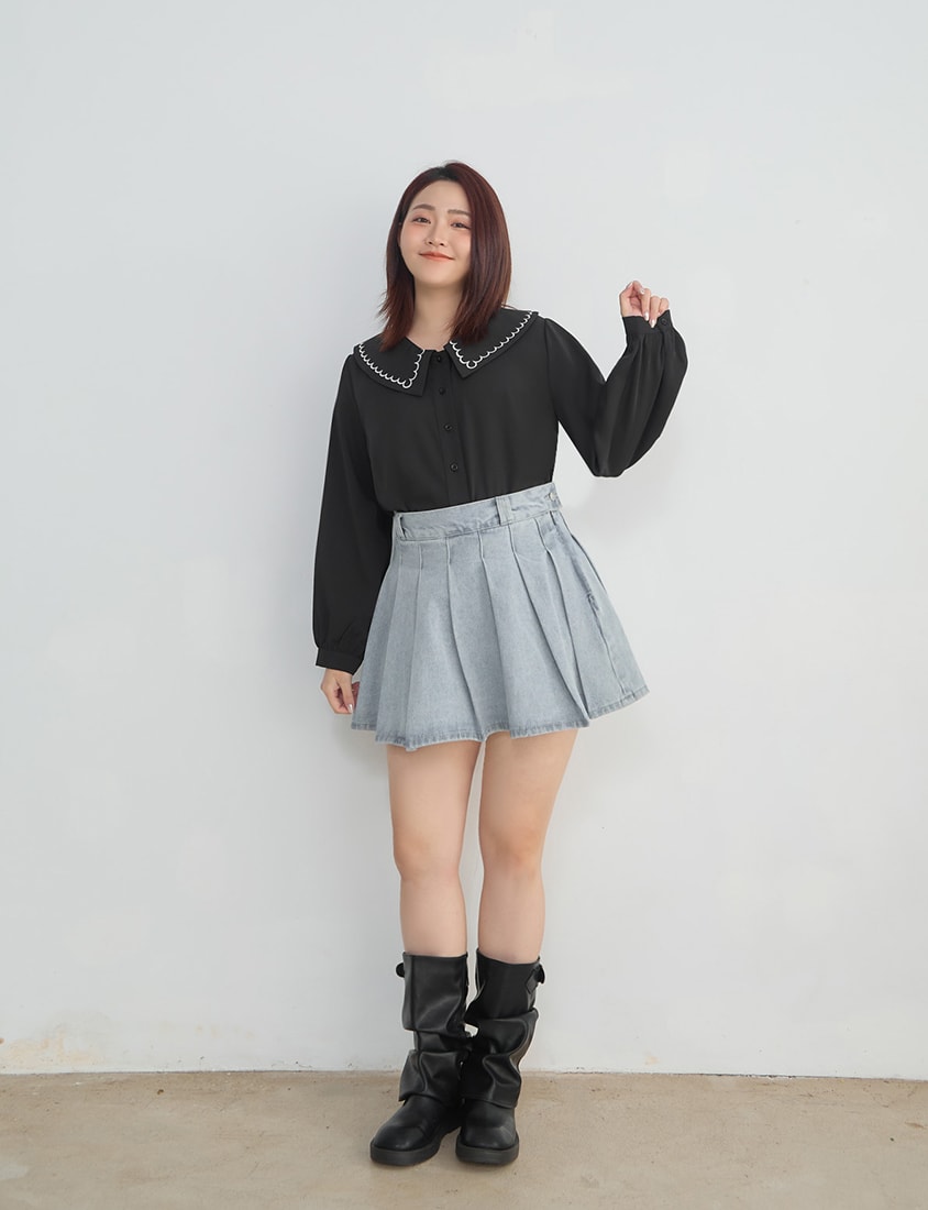 Contrast Embroidered Oversized Collar Plus Size Long Sleeve Shirt