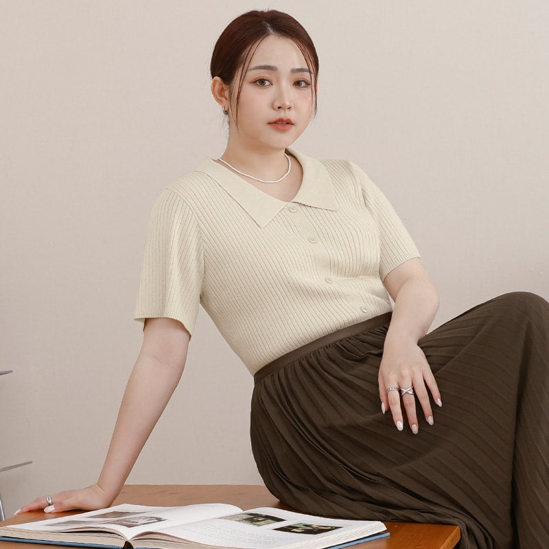 MISS. Versatile Icy Silk Faux Button Collar Plus Size Top