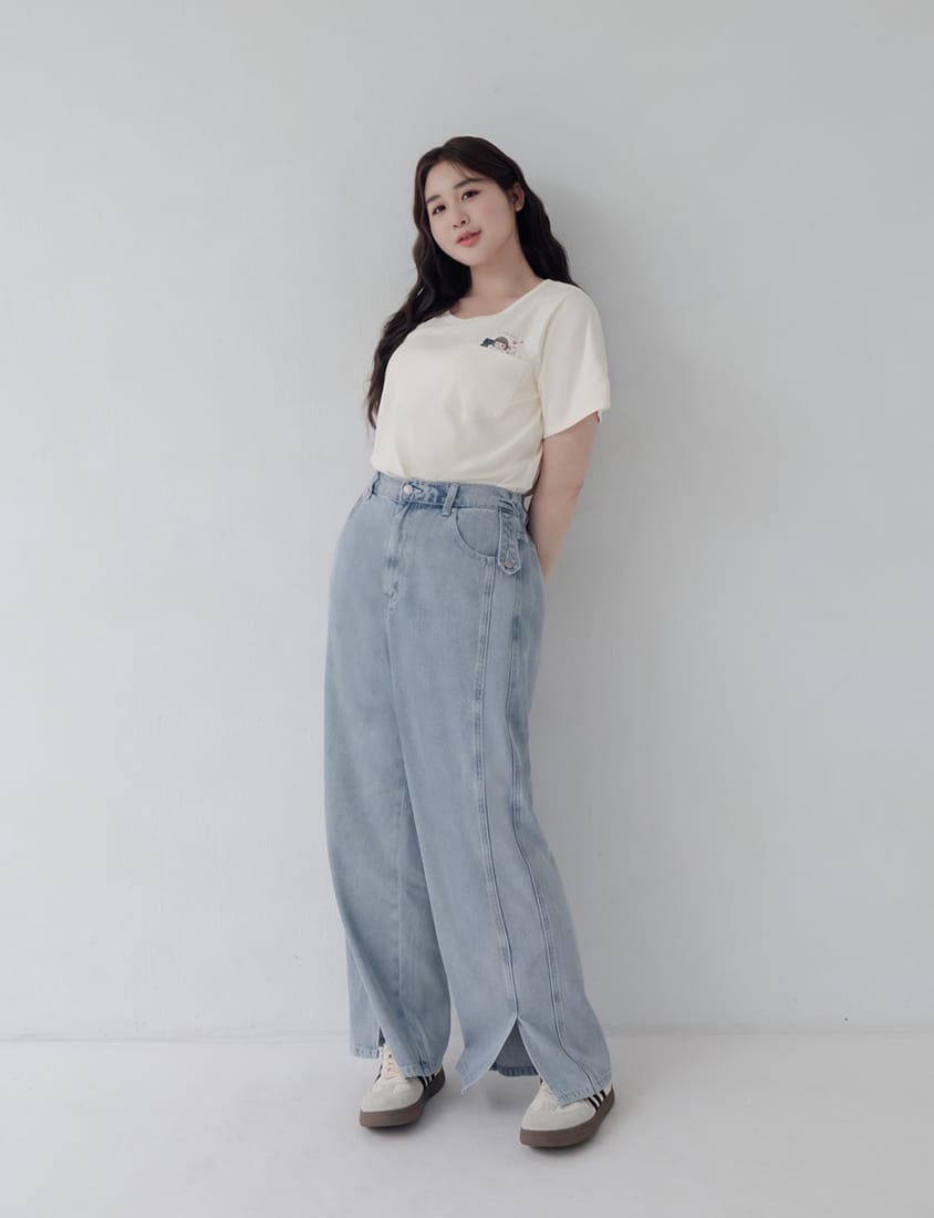 Lyocell Cooling Stitch Slit Plus Size Wide Leg Pants
