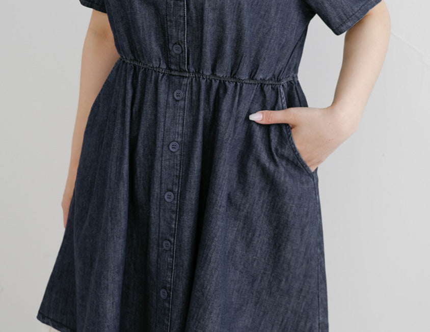 V-Neck Lightweight Denim Elastic Waist Button Plus Size Mini Dress