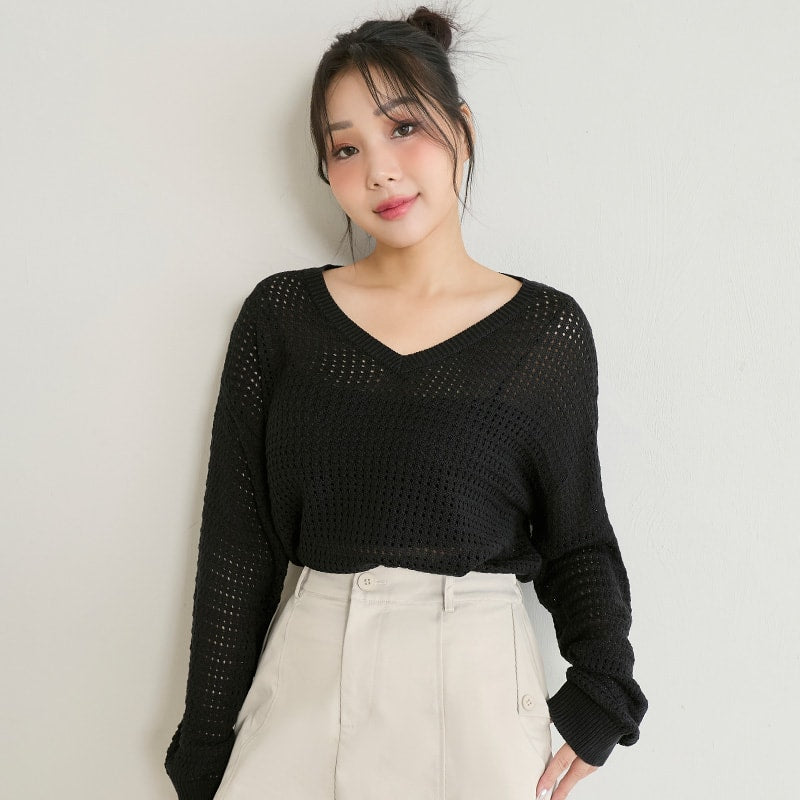 Anti-Pilling V-Neck Eyelet Plus Size Knit Top