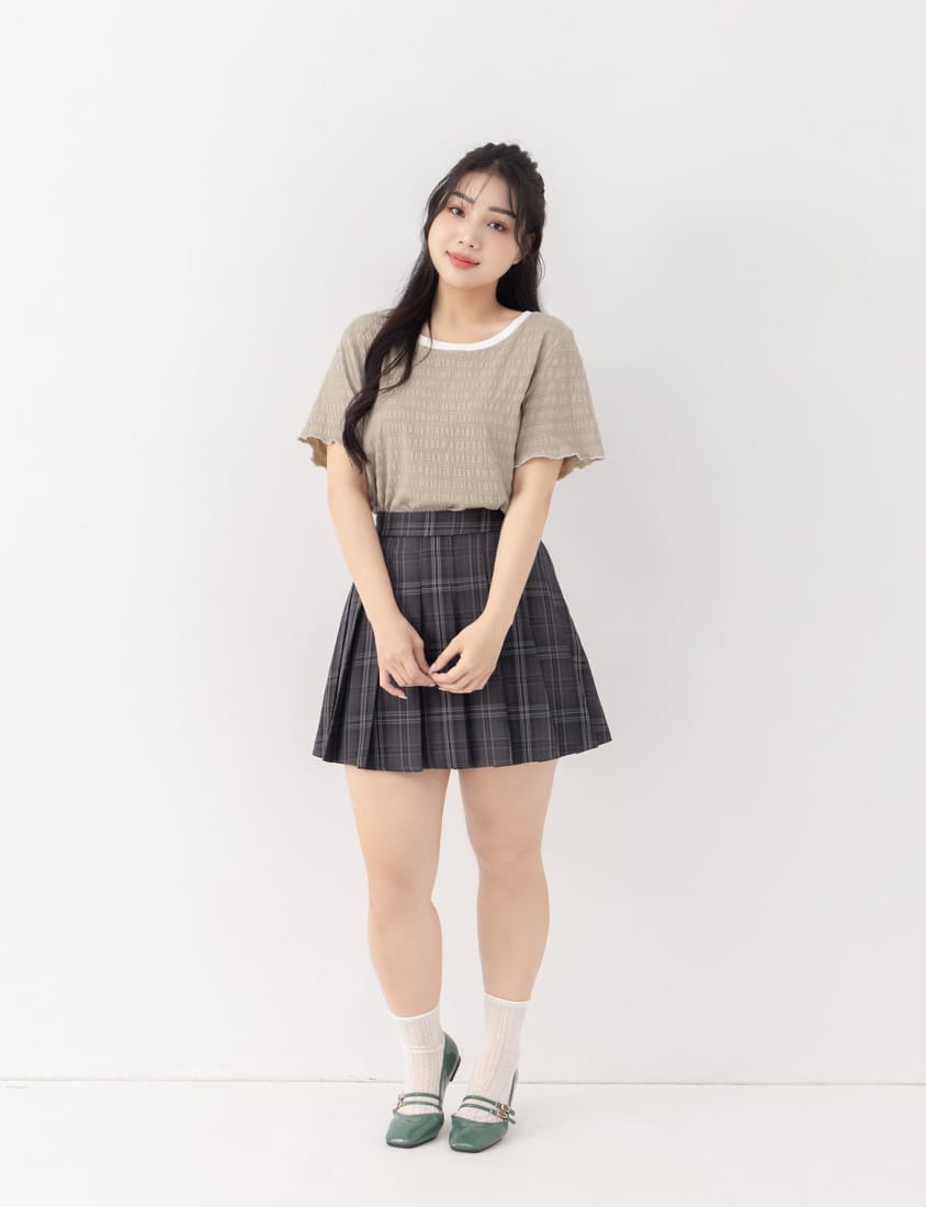 Multicolor Crew Neck Color-Block Crinkled Plus Size Short Sleeve Top