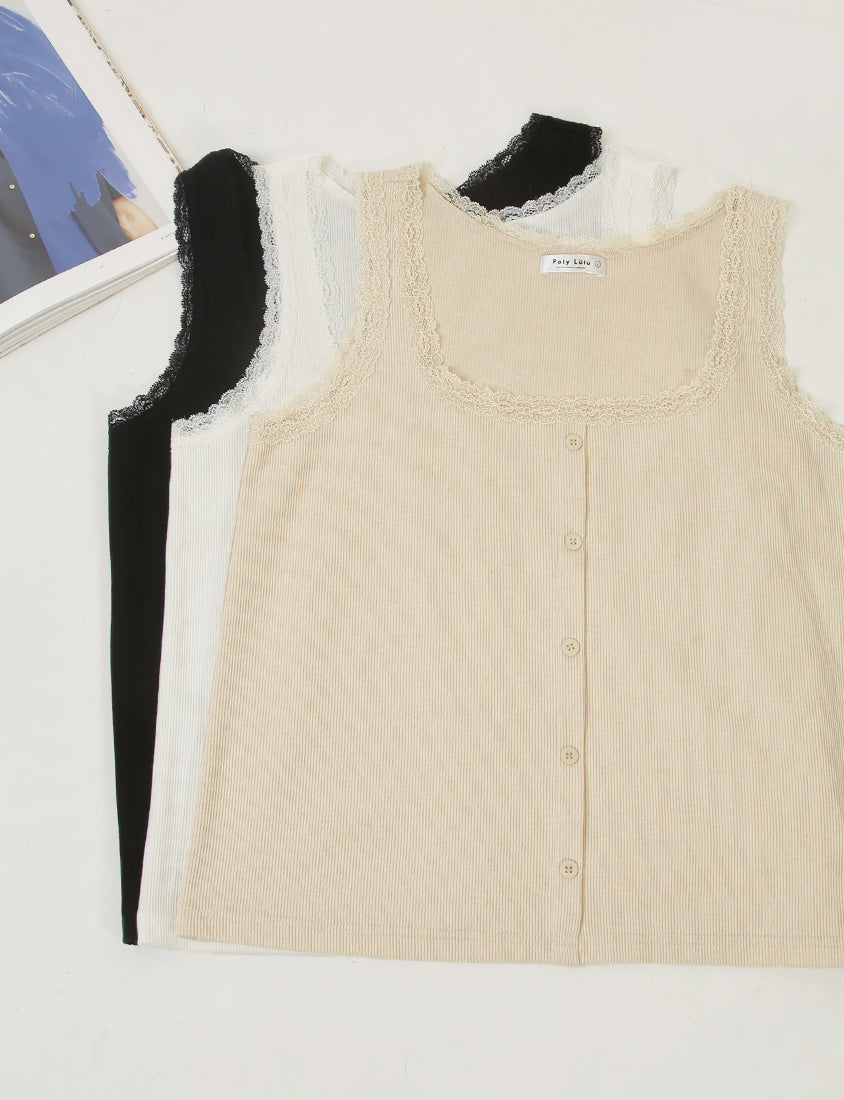 MUA! Lace Square Neck Faux Button Plus Size Sleeveless Top