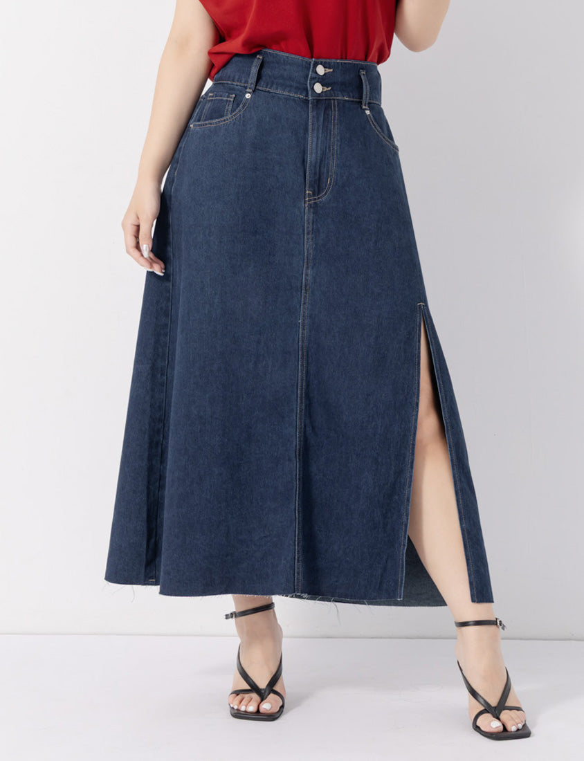 MUA! Front Slit High-Waist Denim A-Line Plus Size Maxi Skirt