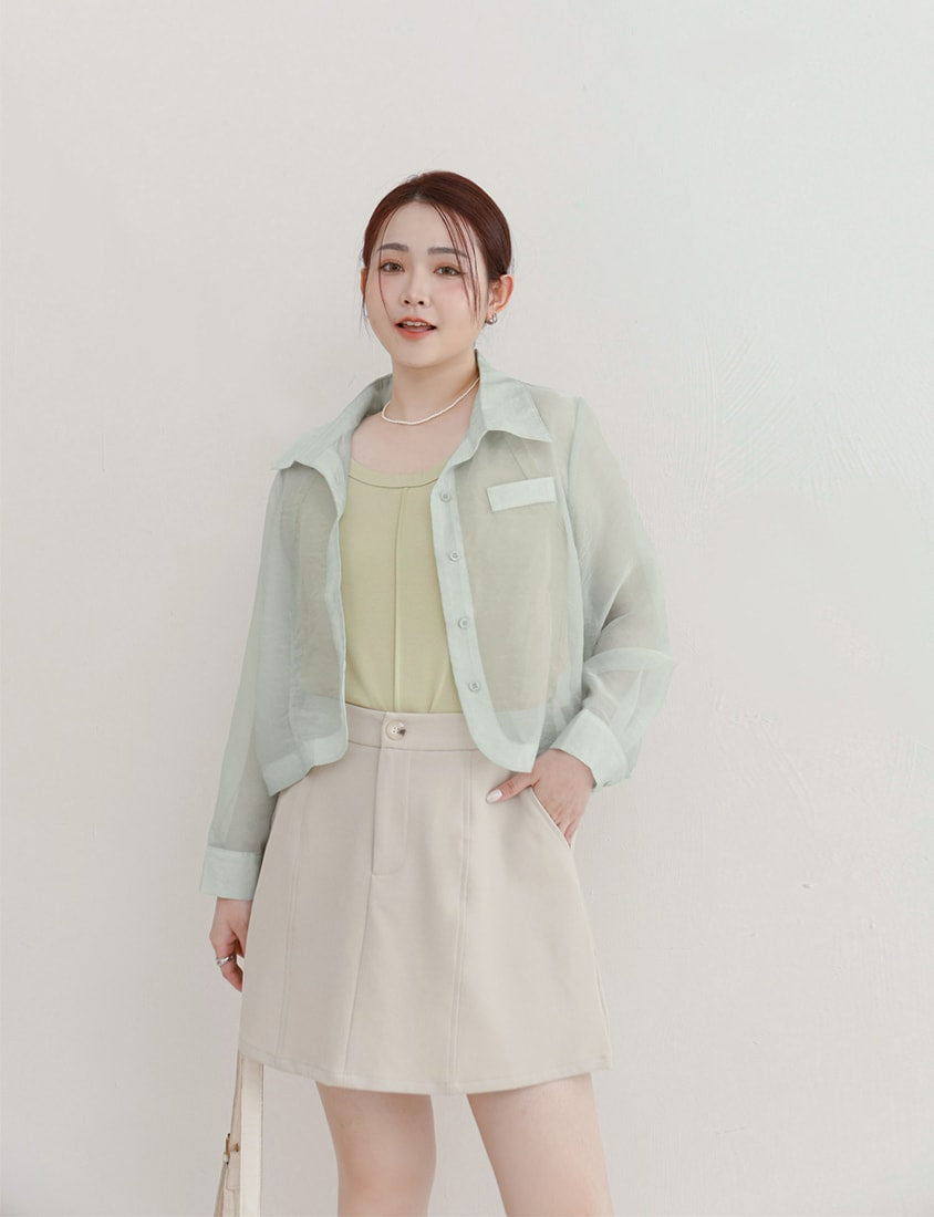 MISS. Faux Pockets Sheer Plus Size Cropped Shirt