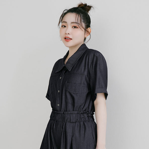 Korean-Style Faux Denim Cuffed Plus Size Short Sleeve Shirt