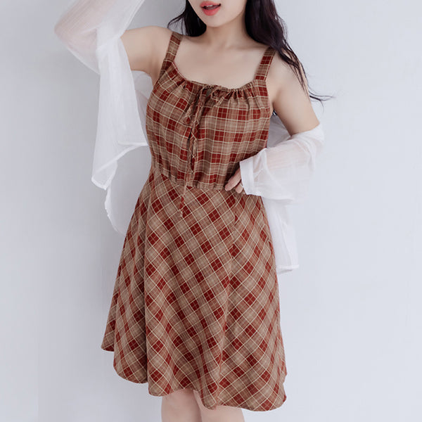 Preppy Adjustable Plaid Plus Size Mini Dress