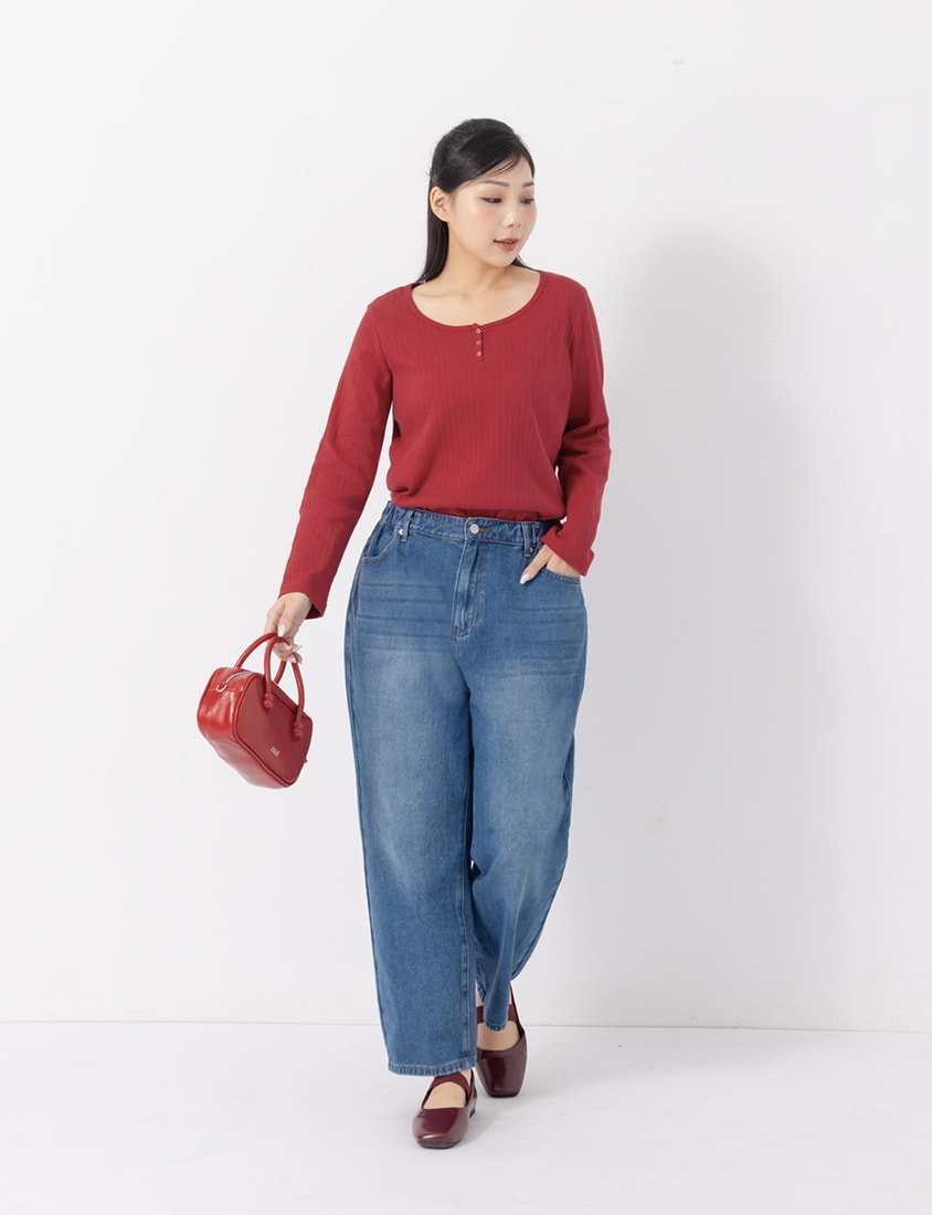 Jacquard Ribbed Button-Front Plus Size Crewneck Top