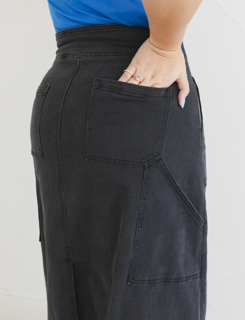 MUA! Ultra-Stretch Back Slit High-Waist Washed Denim Plus Size Maxi Skirt