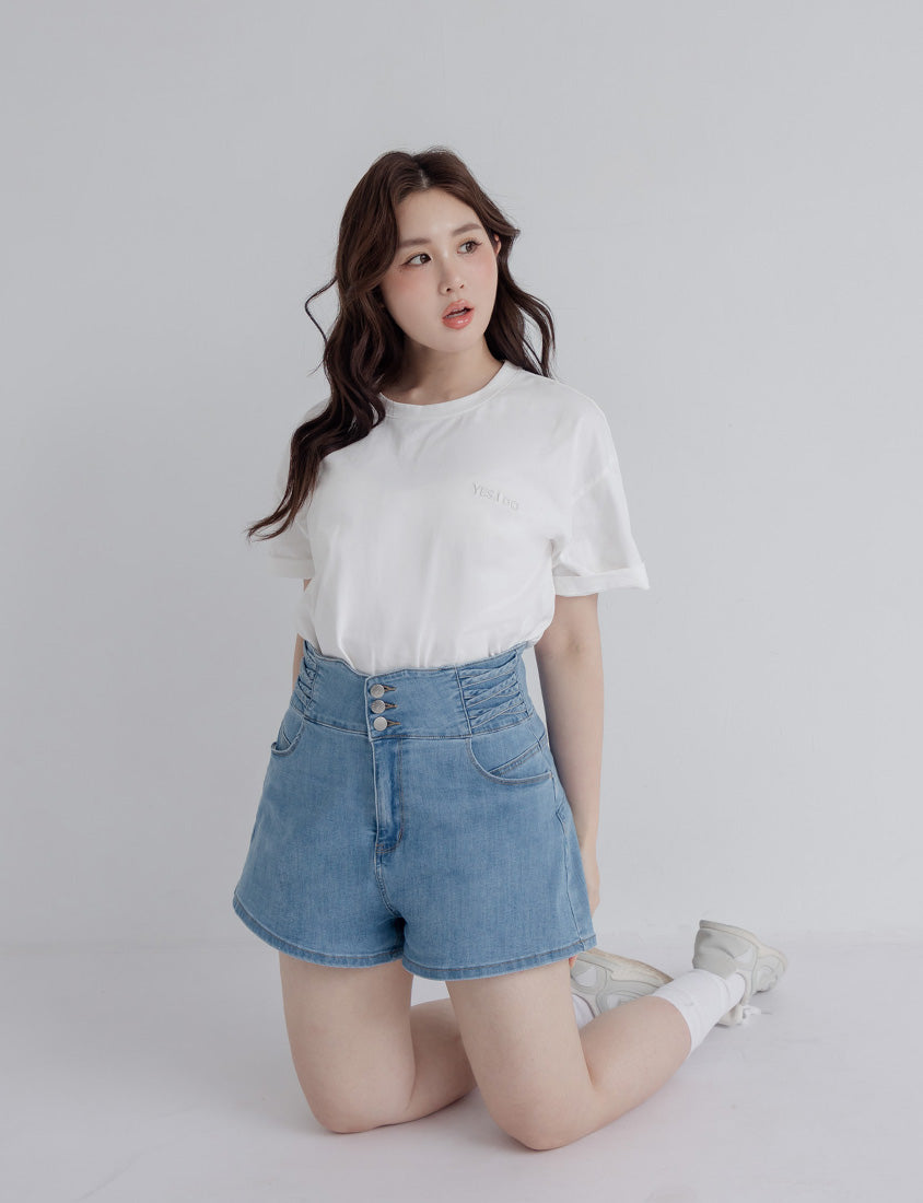 Cross Waist Tummy Flattering Plus Size Denim Shorts