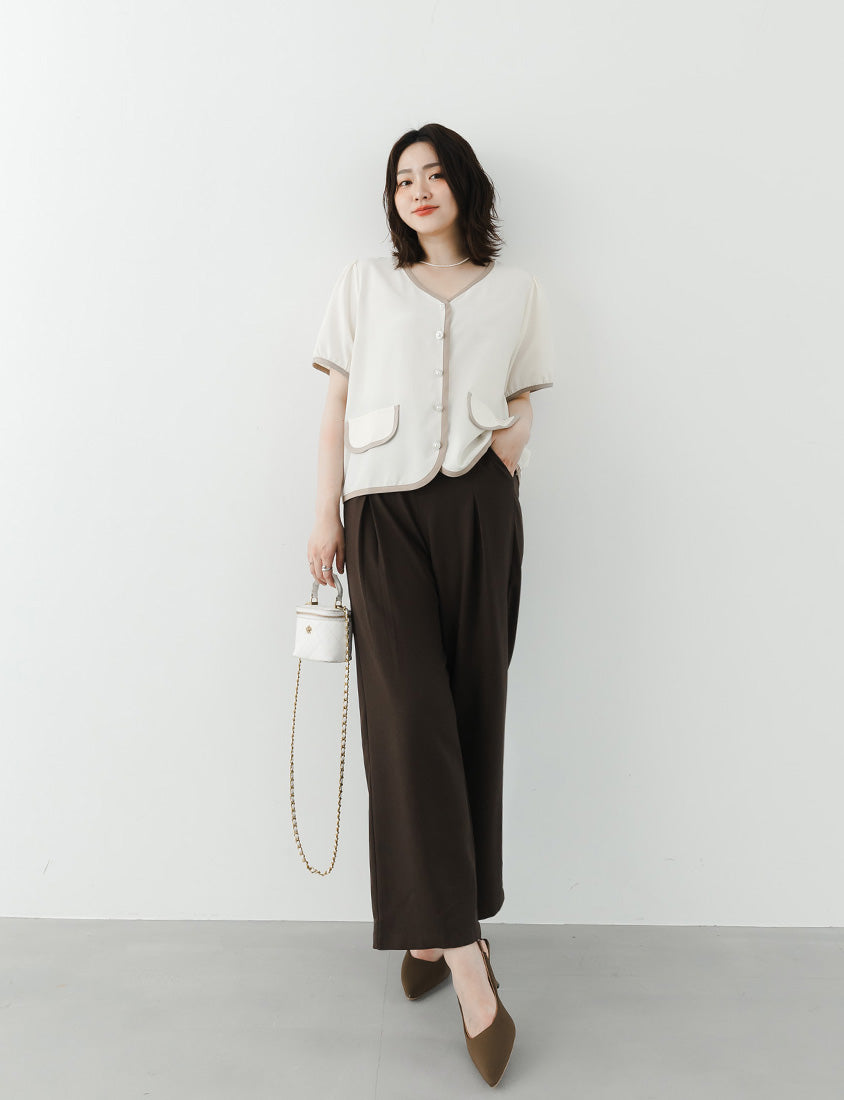 MISS. Elegant Contrast Trim Pearl Button Plus Size Top