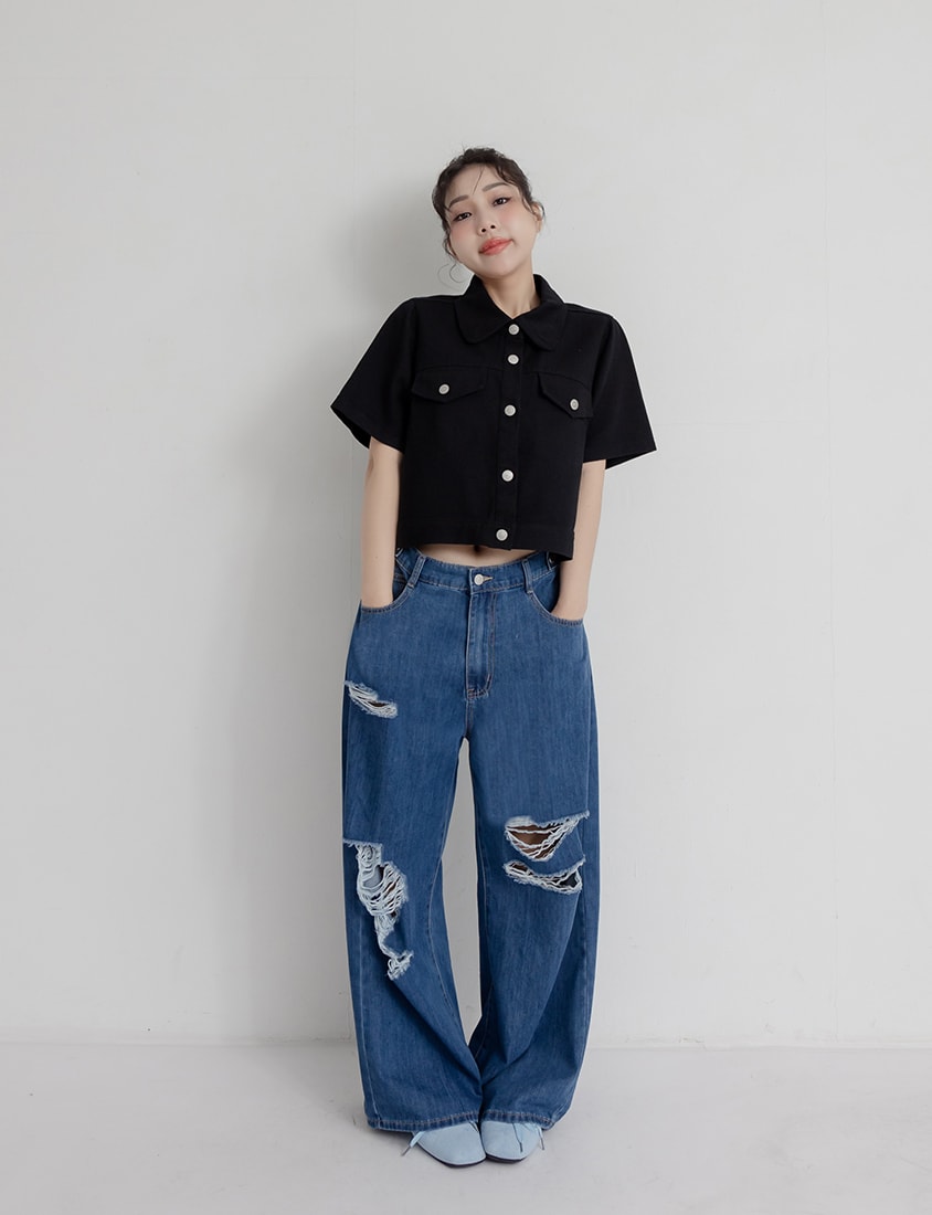 Korean Style Twill Button-Down Plus Size Short Sleeve Jacket