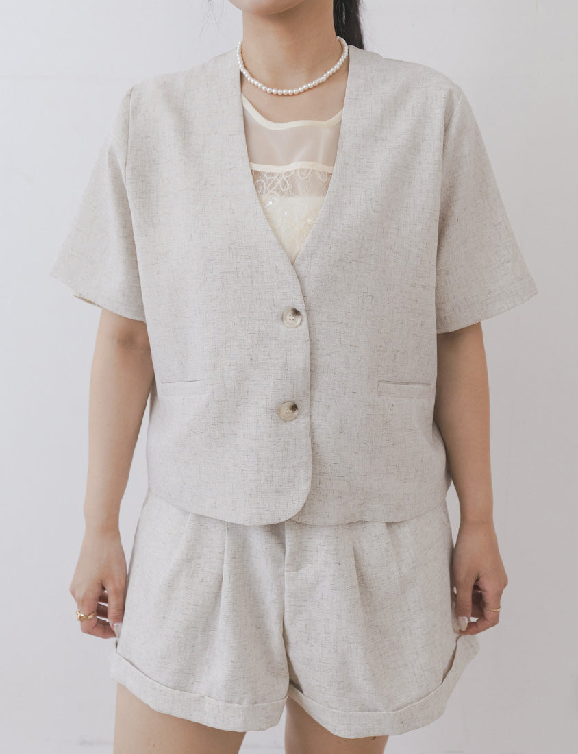 MISS. Wrinkle-Resistant Soft Linen Collarless Blazer Plus Size Jacket