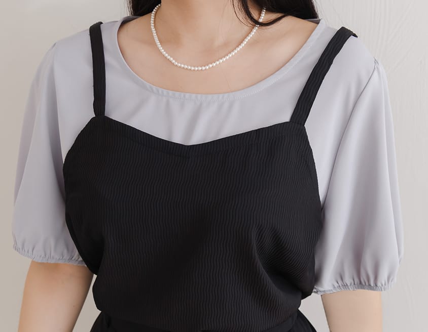 MISS. Faux Two-Piece Textured Puff Sleeve Top