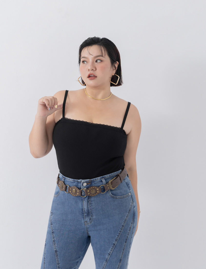 Adjustable Lace Trim Ribbed Plus Size Tank Top