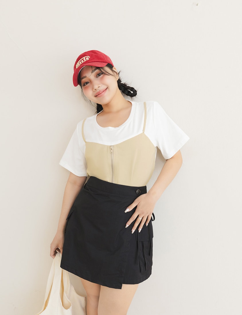 Asymmetric Front Zip Plus Size Layered Tee