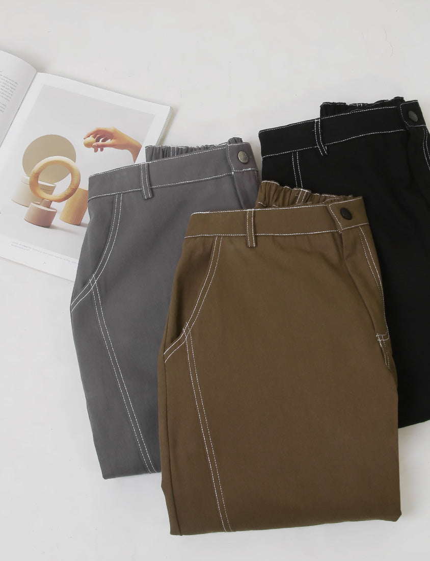 Color-Block Stitched Twill Cotton Straight-Leg Plus Size Pants