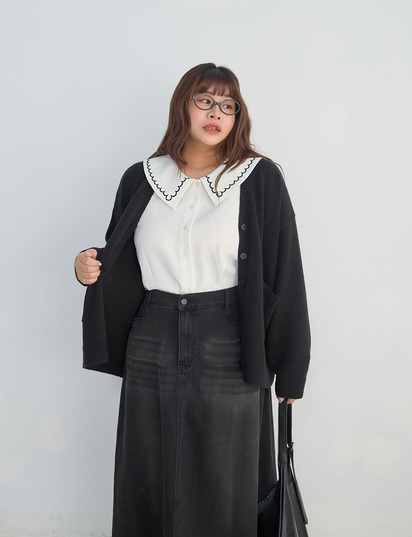 Contrast Embroidered Oversized Collar Plus Size Long Sleeve Shirt