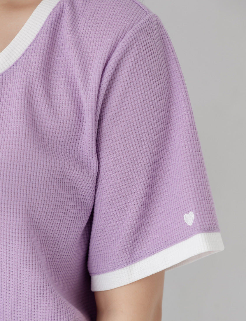 Colorblock Waffle Heart Embroidery Plus Size Top