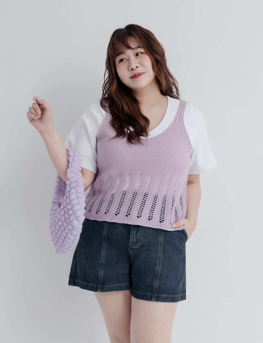 Pobra. Airy Ribbed V-Neck Short Sleeve Plus Size Bratop