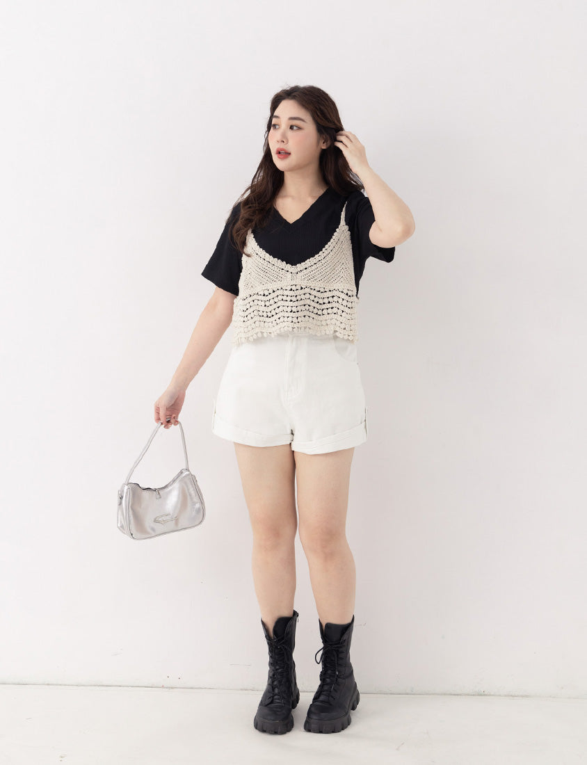 Crinkled Textured Two-Piece Hollow Plus Size Cami Top (with Inner Tank)