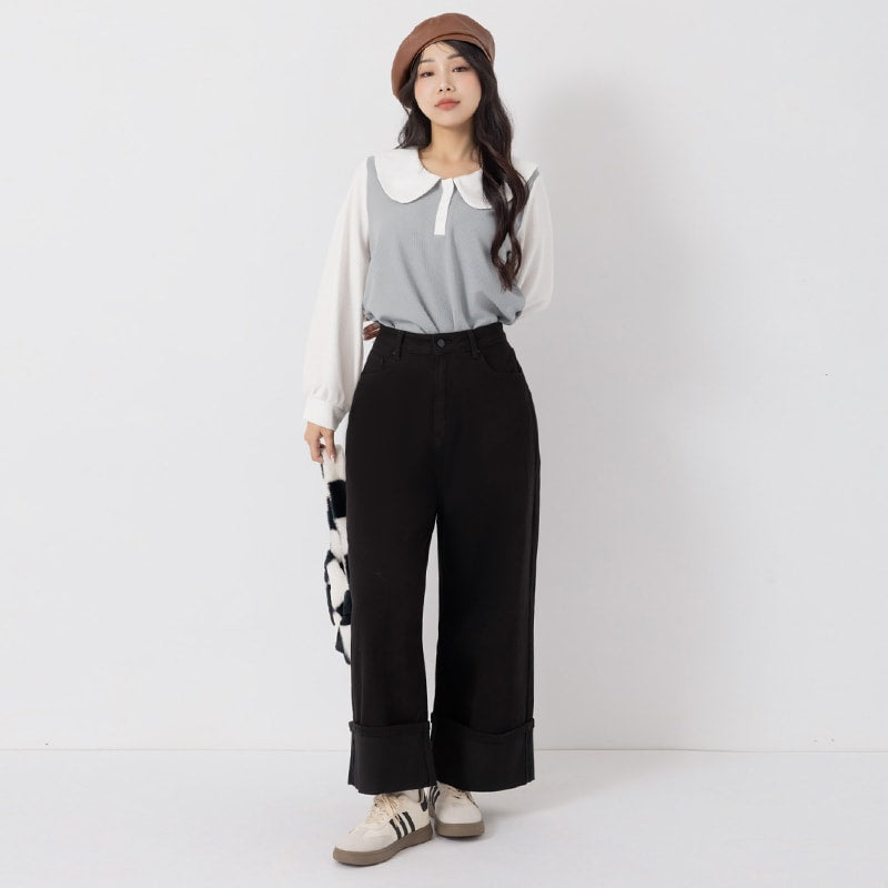 Japanese Style Large Cuffs A-Line Plus Size Denim Wide Leg Pants